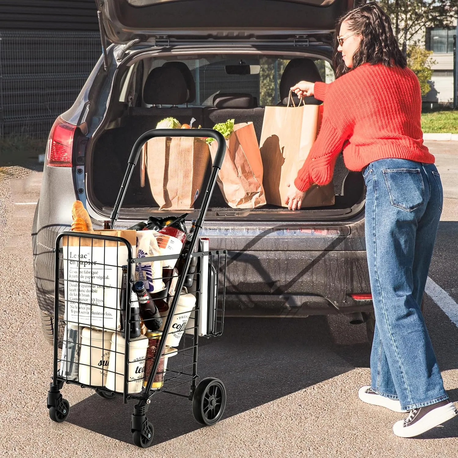 Goplus Folding Shopping Utility Cart, Double Basket and 360° Swivel Wheels, Adjustable Handle, Small Cart Perfect for Grocery Laundry Book Luggage Travel