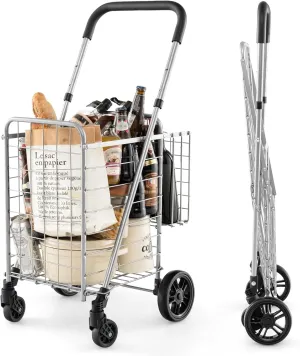Goplus Folding Shopping Utility Cart, Double Basket and 360° Swivel Wheels, Adjustable Handle, Small Cart Perfect for Grocery Laundry Book Luggage Travel