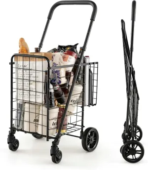 Goplus Folding Shopping Utility Cart, Double Basket and 360° Swivel Wheels, Adjustable Handle, Small Cart Perfect for Grocery Laundry Book Luggage Travel