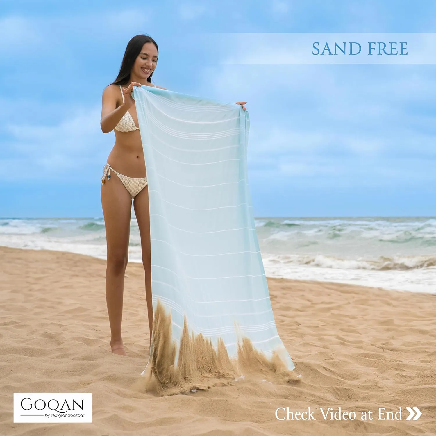 GOQAN Turkish Beach Towel Oversized 39x71 | Thin, Lightweight, 100% Cotton and Sand Free Towel is Suitable for Beach, Bathroom, Pool, Travel & Swim | Odor Free Thx to Quick Dry Property - Aquamarine