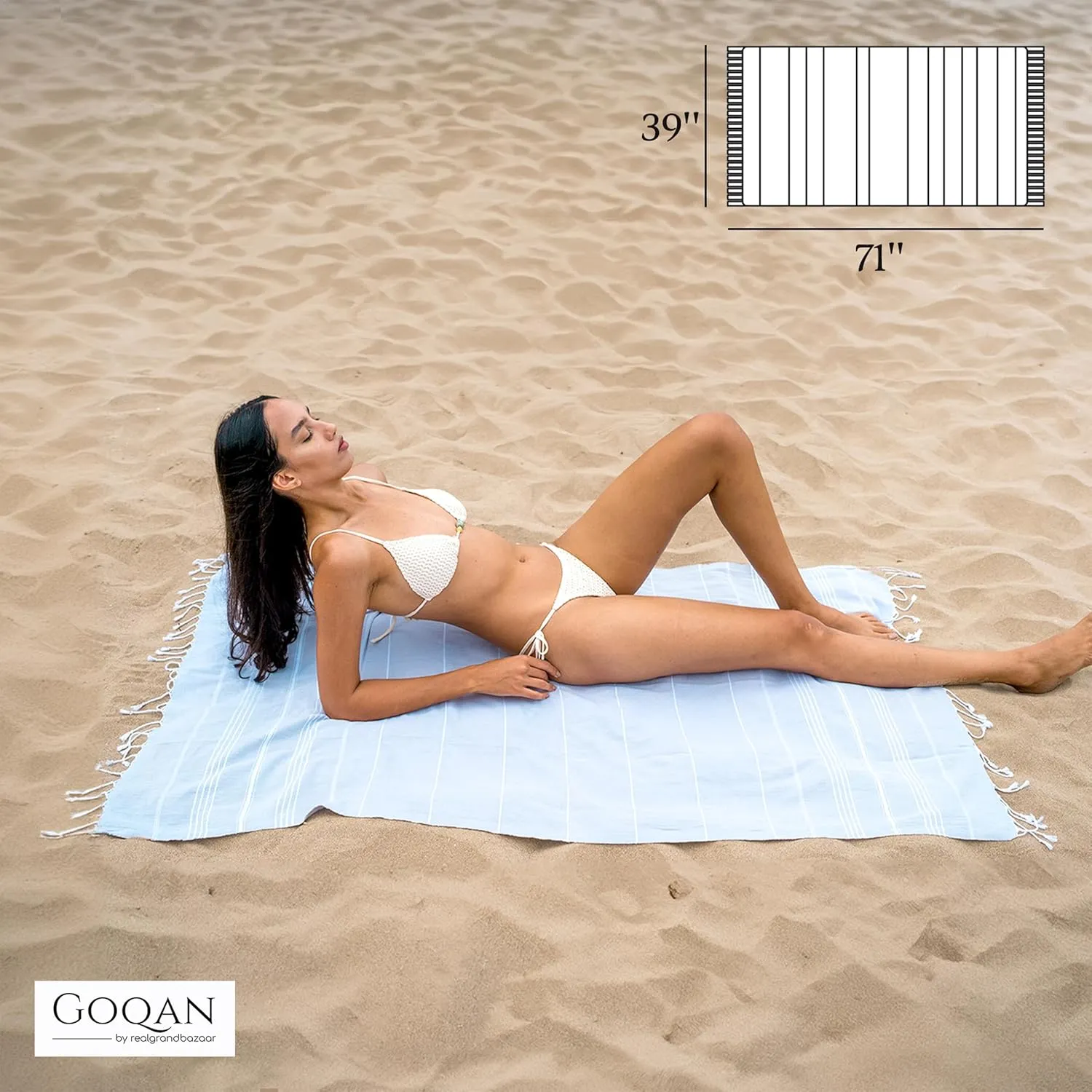 GOQAN Turkish Beach Towel Oversized 39x71 | Thin, Lightweight, 100% Cotton and Sand Free Towel is Suitable for Beach, Bathroom, Pool, Travel & Swim | Odor Free Thx to Quick Dry Property - Aquamarine