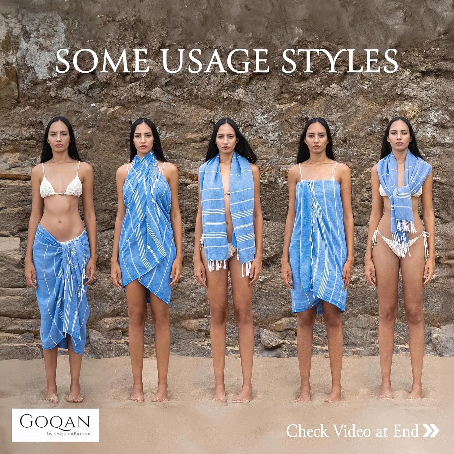 GOQAN Turkish Beach Towel Oversized 39x71 | Thin, Lightweight, 100% Cotton and Sand Free Towel is Suitable for Beach, Bathroom, Pool, Travel, Swim, Gift | Odor Free Thx to Quick Dry Property - Azure