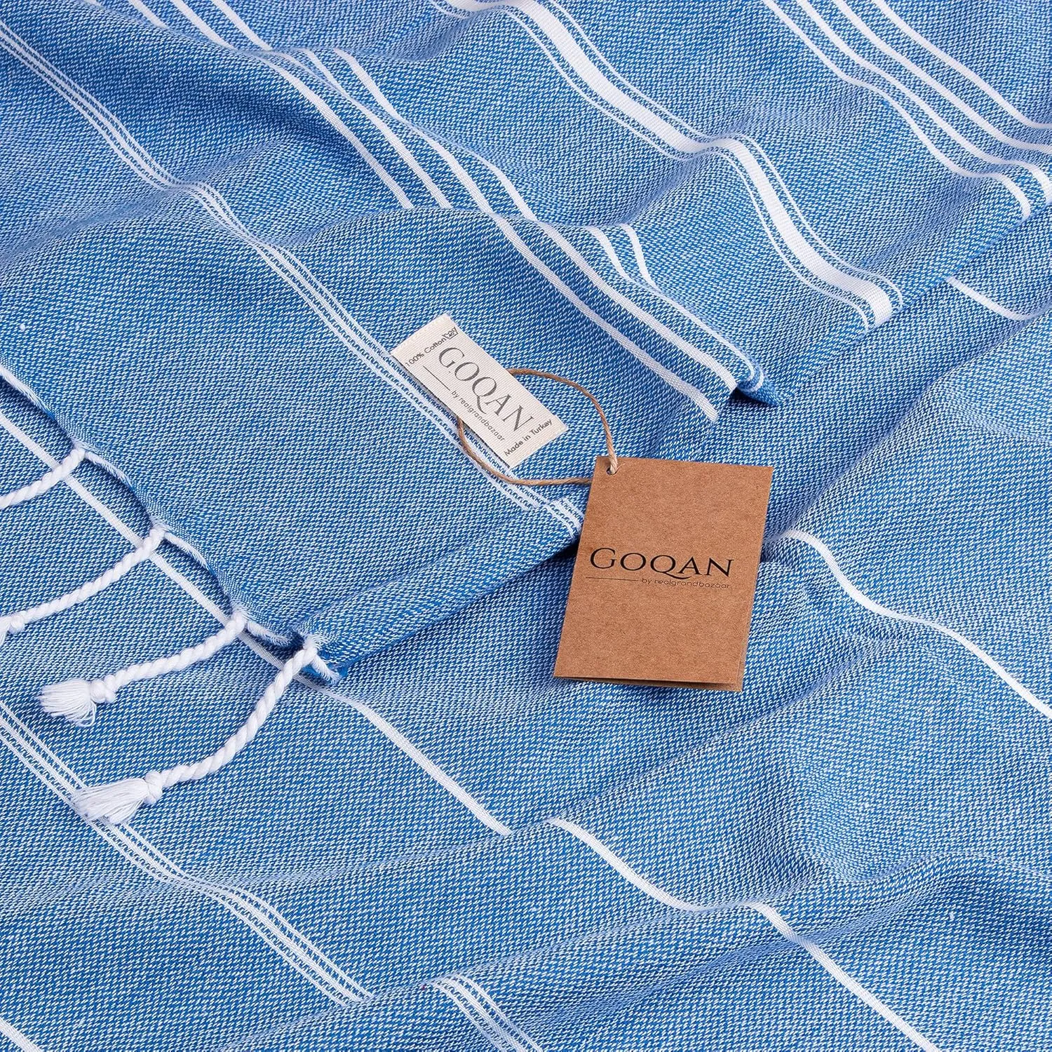 GOQAN Turkish Beach Towel Oversized 39x71 | Thin, Lightweight, 100% Cotton and Sand Free Towel is Suitable for Beach, Bathroom, Pool, Travel, Swim, Gift | Odor Free Thx to Quick Dry Property - Azure
