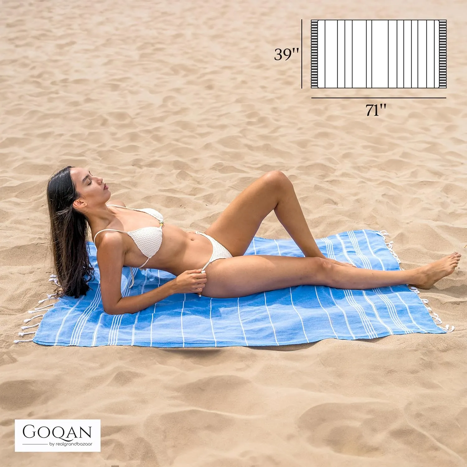 GOQAN Turkish Beach Towel Oversized 39x71 | Thin, Lightweight, 100% Cotton and Sand Free Towel is Suitable for Beach, Bathroom, Pool, Travel, Swim, Gift | Odor Free Thx to Quick Dry Property - Azure