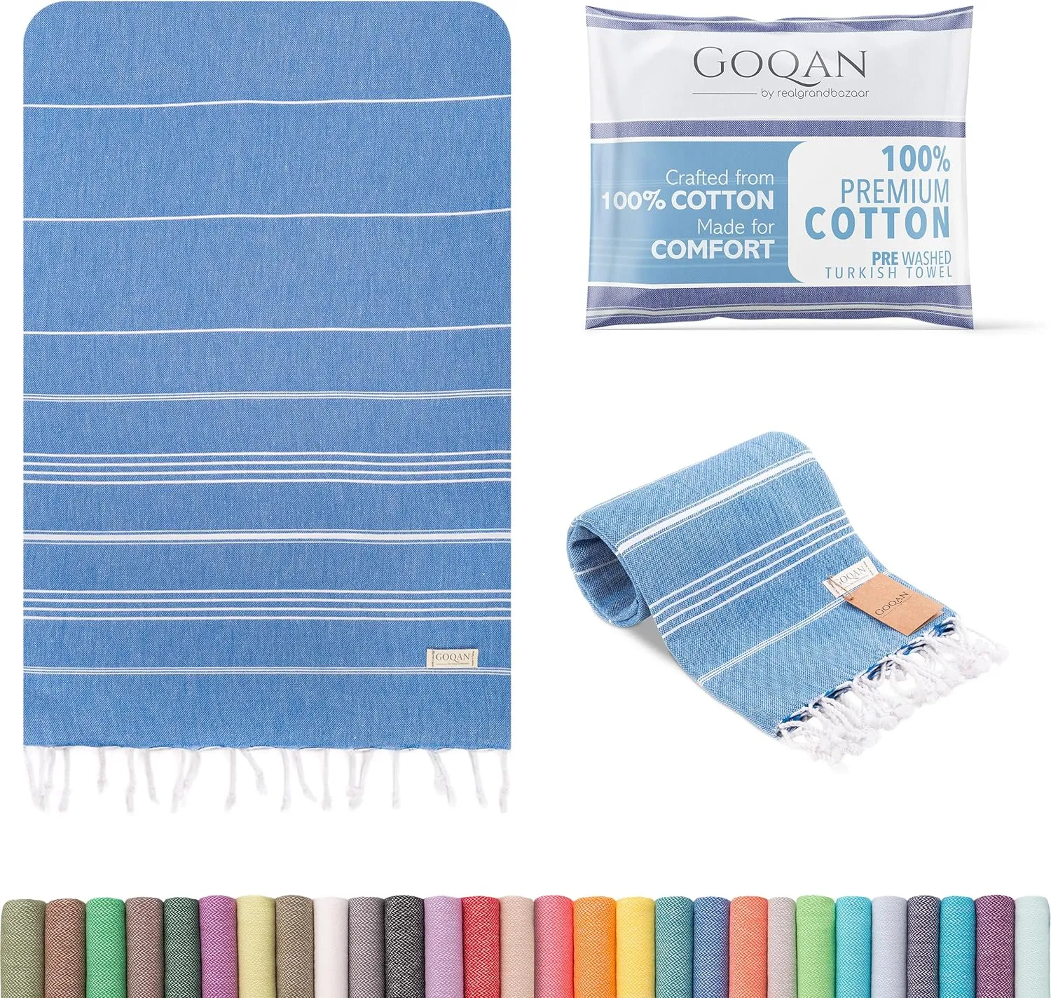 GOQAN Turkish Beach Towel Oversized 39x71 | Thin, Lightweight, 100% Cotton and Sand Free Towel is Suitable for Beach, Bathroom, Pool, Travel, Swim, Gift | Odor Free Thx to Quick Dry Property - Azure