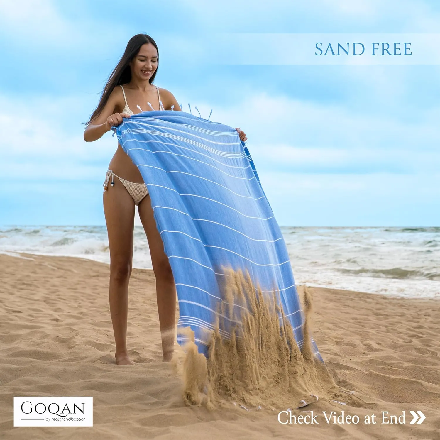 GOQAN Turkish Beach Towel Oversized 39x71 | Thin, Lightweight, 100% Cotton and Sand Free Towel is Suitable for Beach, Bathroom, Pool, Travel, Swim, Gift | Odor Free Thx to Quick Dry Property - Azure