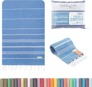GOQAN Turkish Beach Towel Oversized 39x71 | Thin, Lightweight, 100% Cotton and Sand Free Towel is Suitable for Beach, Bathroom, Pool, Travel, Swim, Gift | Odor Free Thx to Quick Dry Property - Azure