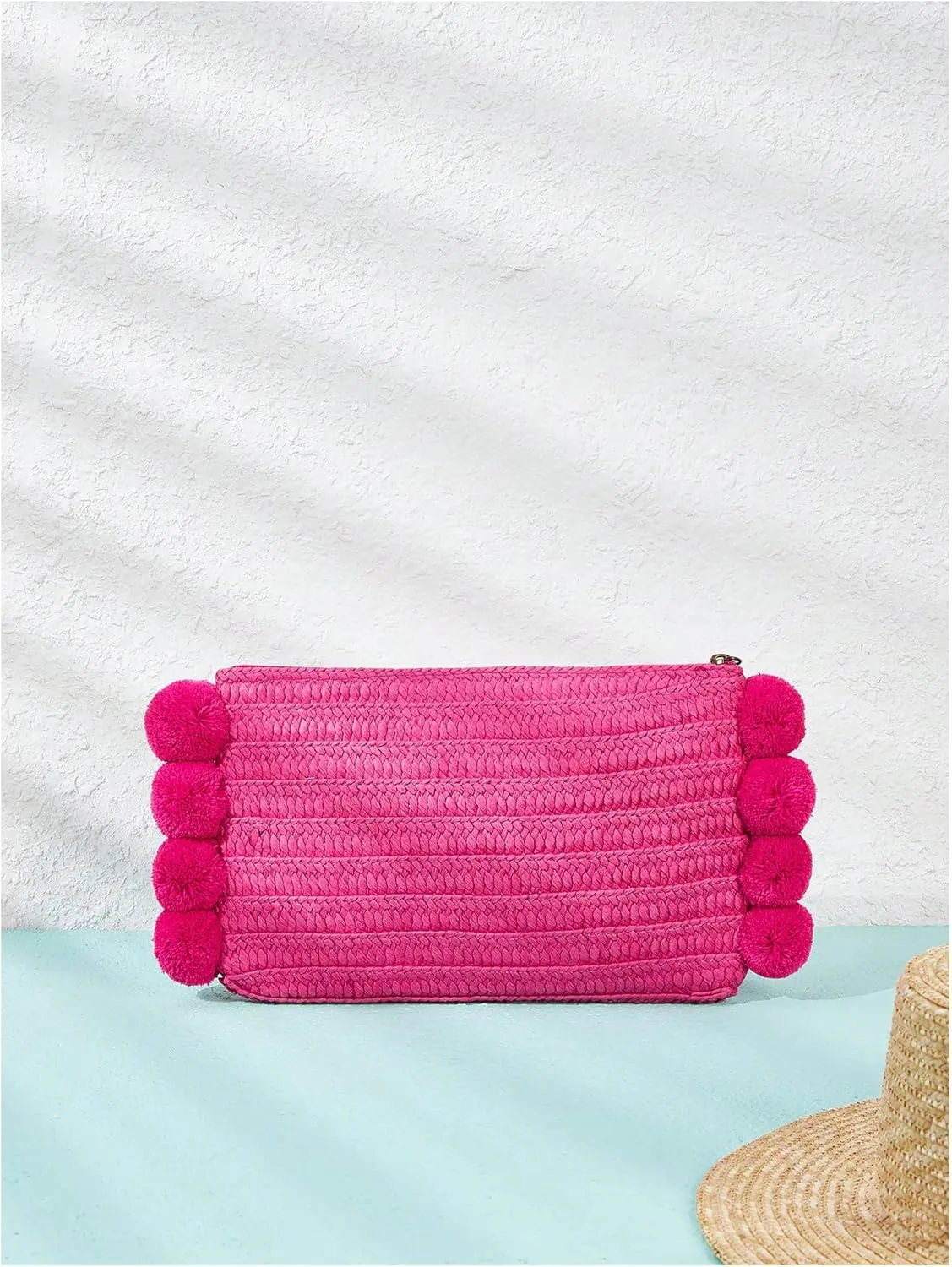 GORGLITTER Women's Straw Bag Pom Pom Tassel Summer Beach Straw Purse Letter Graphic Wristlet Wallets