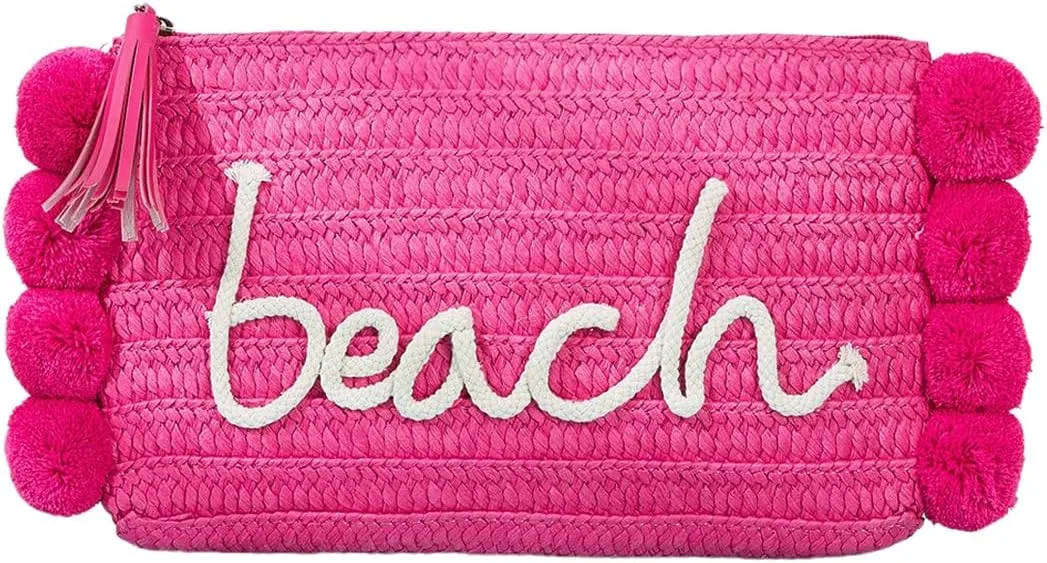 GORGLITTER Women's Straw Bag Pom Pom Tassel Summer Beach Straw Purse Letter Graphic Wristlet Wallets