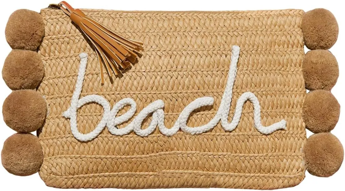 GORGLITTER Women's Straw Bag Pom Pom Tassel Summer Beach Straw Purse Letter Graphic Wristlet Wallets