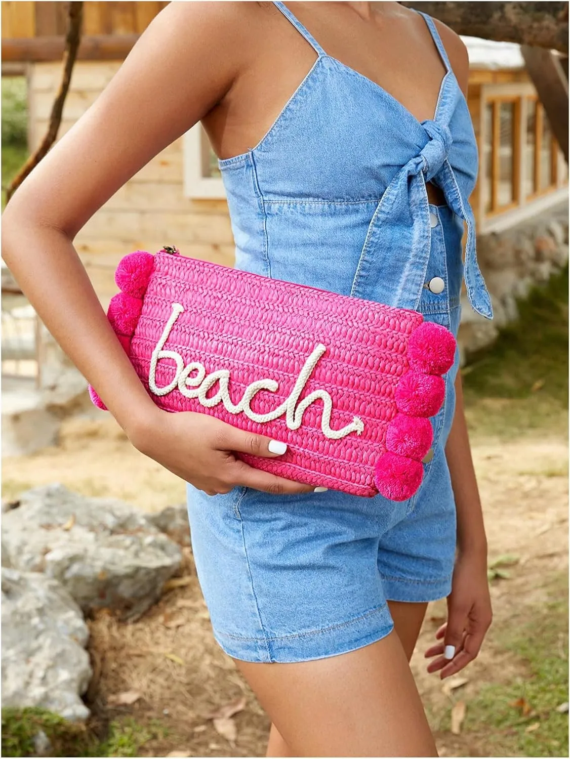 GORGLITTER Women's Straw Bag Pom Pom Tassel Summer Beach Straw Purse Letter Graphic Wristlet Wallets