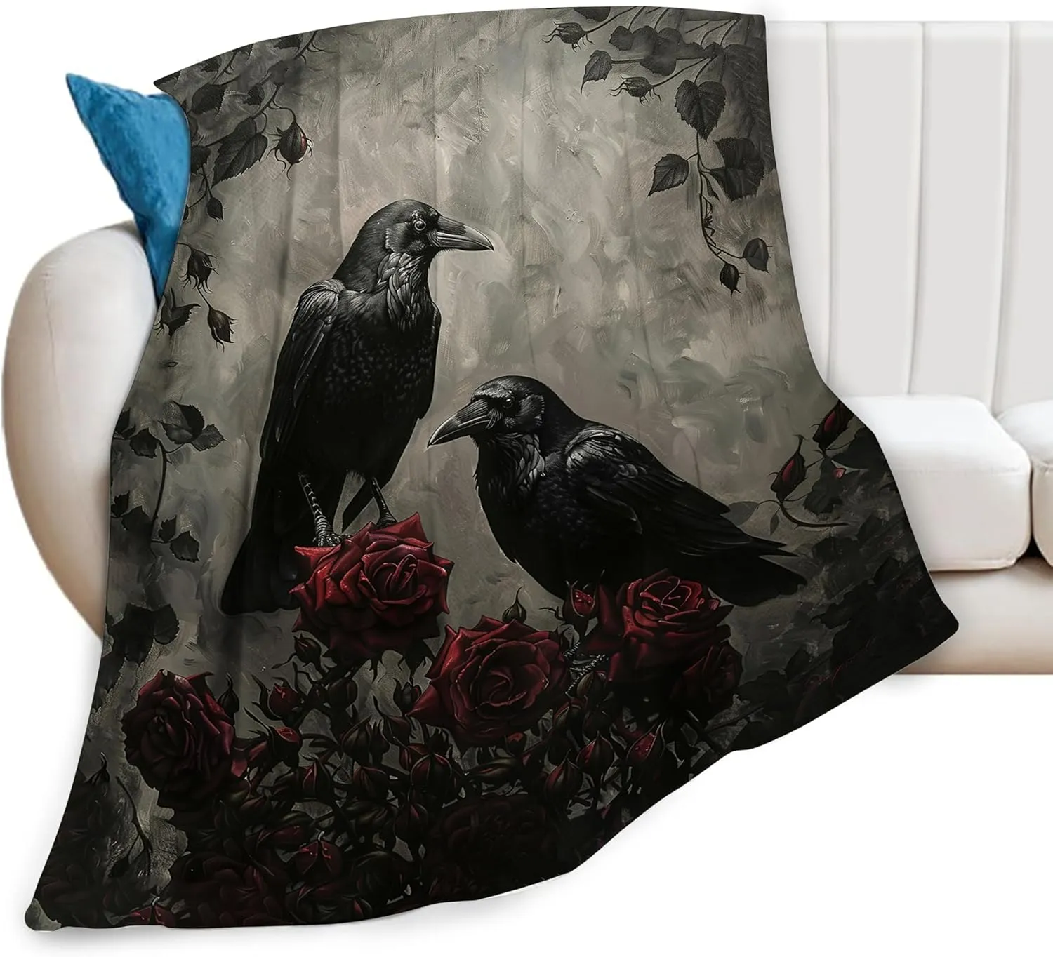 Gothic Crow Blanket Rustic Raven Fleece Throw Blanket Fuzzy Plush Super Soft Warm Halloween Crow Decor Blanket Gifts for Boys Girls Kids Adult Men Women 40"x50"