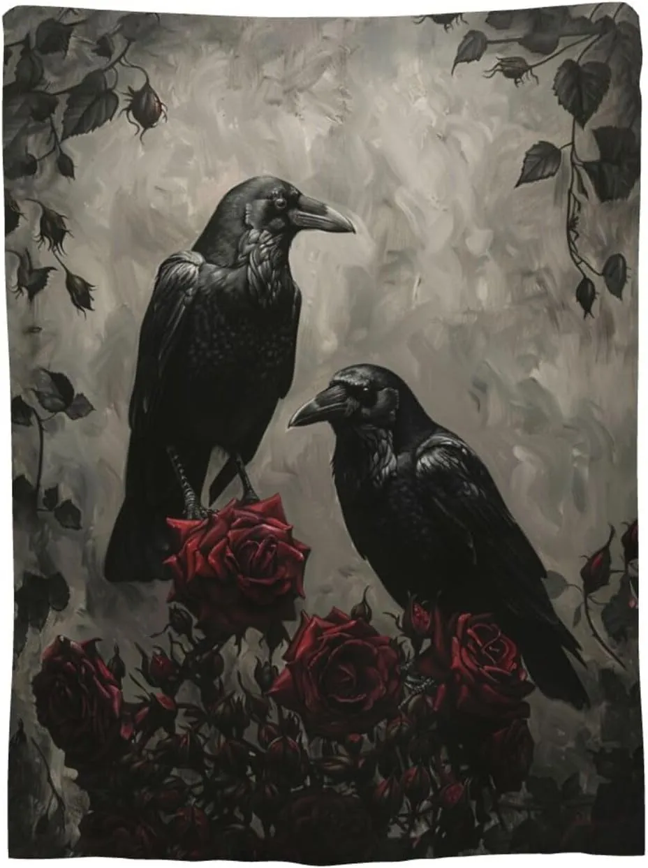 Gothic Crow Blanket Rustic Raven Fleece Throw Blanket Fuzzy Plush Super Soft Warm Halloween Crow Decor Blanket Gifts for Boys Girls Kids Adult Men Women 40"x50"