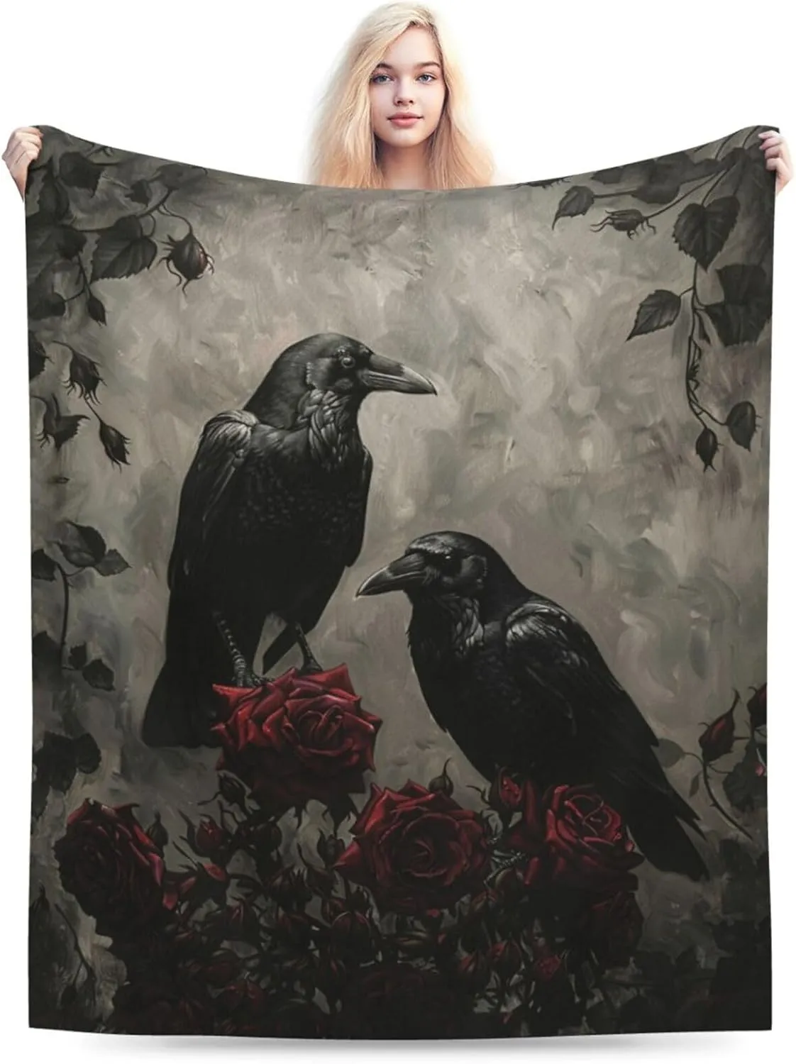 Gothic Crow Blanket Rustic Raven Fleece Throw Blanket Fuzzy Plush Super Soft Warm Halloween Crow Decor Blanket Gifts for Boys Girls Kids Adult Men Women 40"x50"