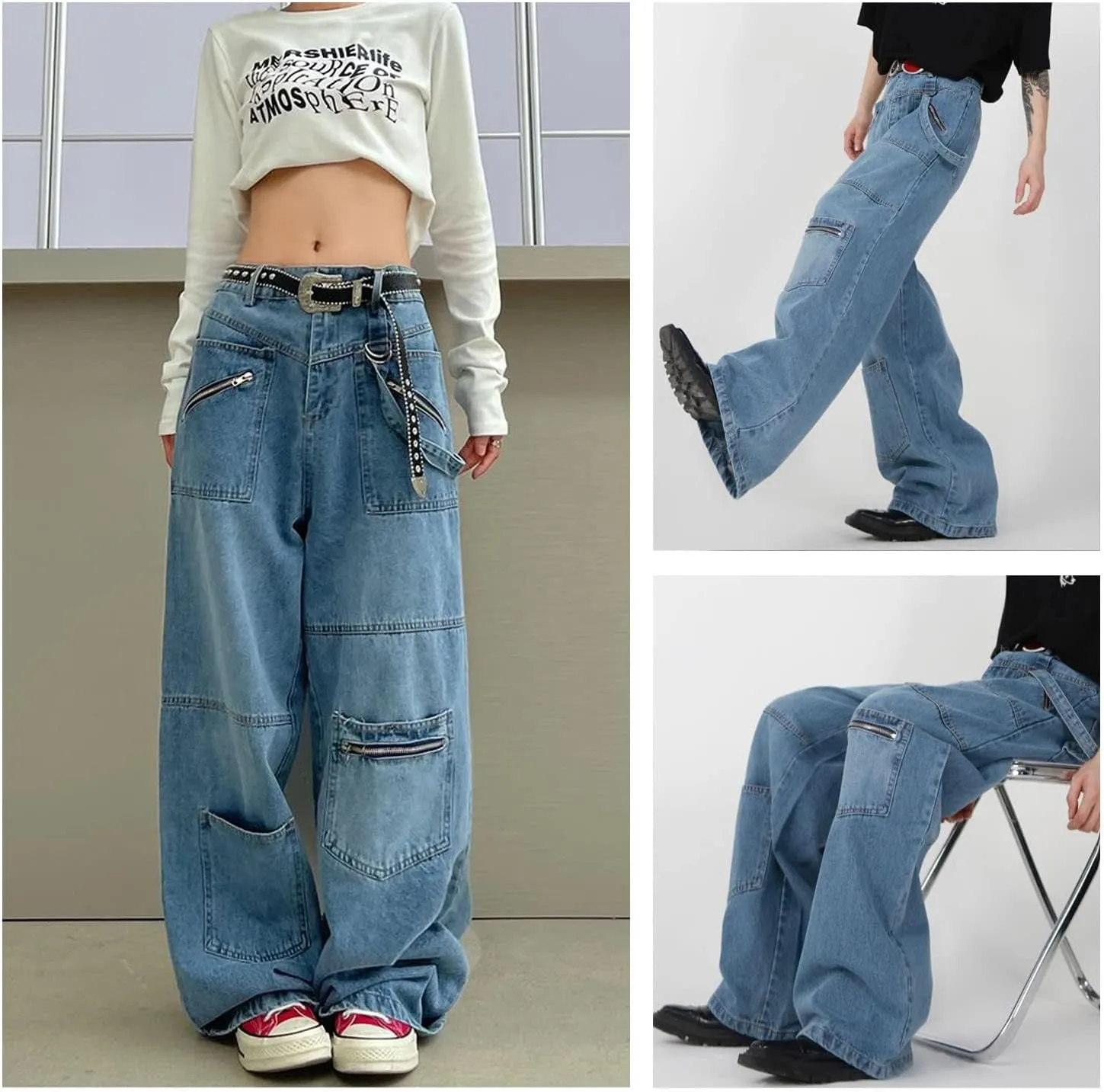 Gothic Jeans Women's Hip-hop Street Fashion Design Jeans Couple Casual Loose Straight Pants