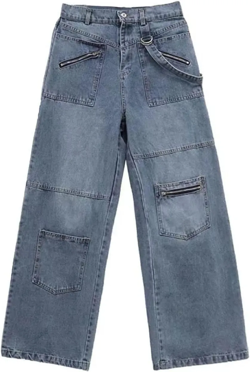 Gothic Jeans Women's Hip-hop Street Fashion Design Jeans Couple Casual Loose Straight Pants