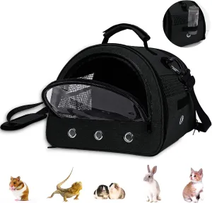 Guinea Pig Carrier, Small Pet Hamster Carrier Bag, Rabbit Bunny Travel Carrier Outdoor Handbag, Breathable Carrier for Small Animals with Water Bottle Holder & Removable Liner (Black)