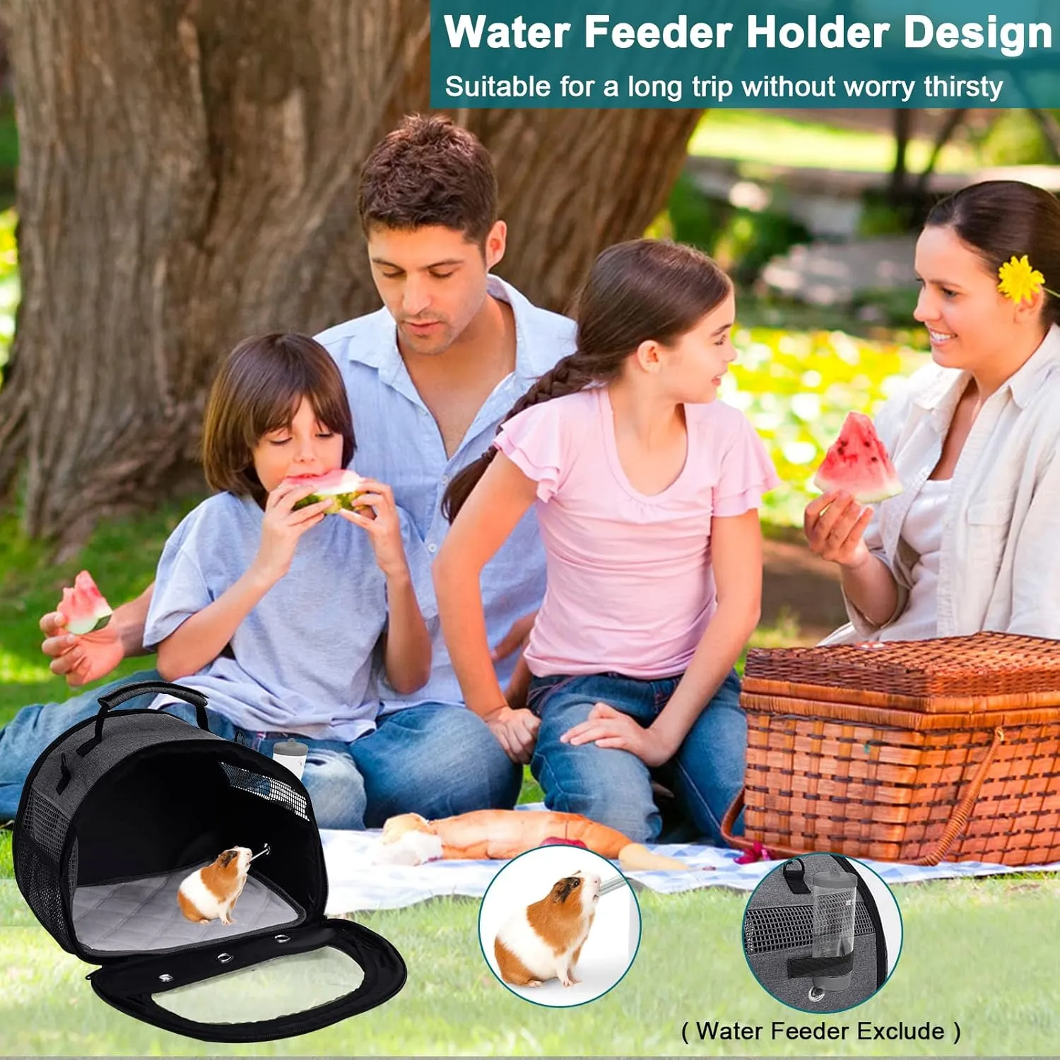 Guinea Pig Carrier, Small Pet Hamster Carrier Bag, Rabbit Bunny Travel Carrier Outdoor Handbag, Breathable Carrier for Small Animals with Water Bottle Holder & Removable Liner (Black)