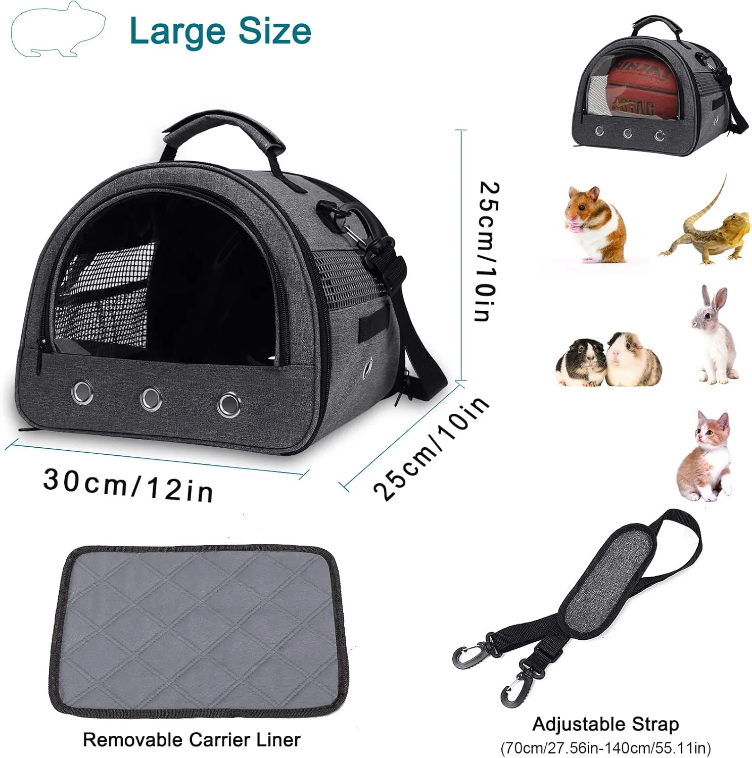 Guinea Pig Carrier, Small Pet Hamster Carrier Bag, Rabbit Bunny Travel Carrier Outdoor Handbag, Breathable Carrier for Small Animals with Water Bottle Holder & Removable Liner (Black)