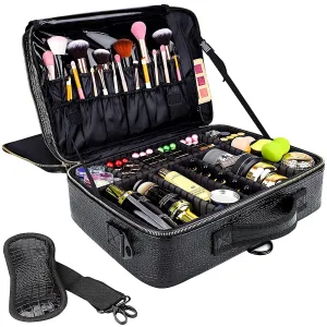 gzcz Travel Makeup Case 16" Large Cosmetic Bag Organizer Professional Portable PU Leather Makeup Storage Case Artist Box with Adiustable Dividers & Strap (L-Crocodile Pattern)