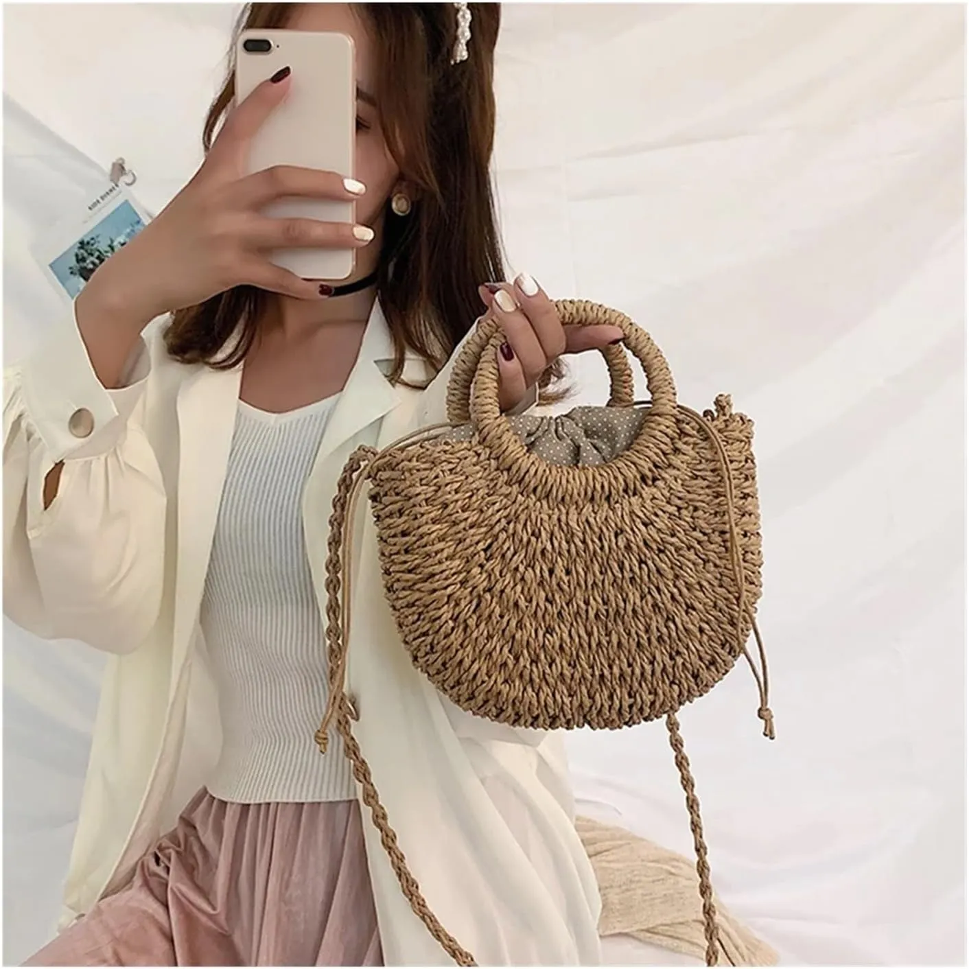 Half-Round Rattan Beach Bag Women Large Capacity Handle Bag Summer Beach Bags Travel Weave Handle Bag Shoulder Bag(Orange)