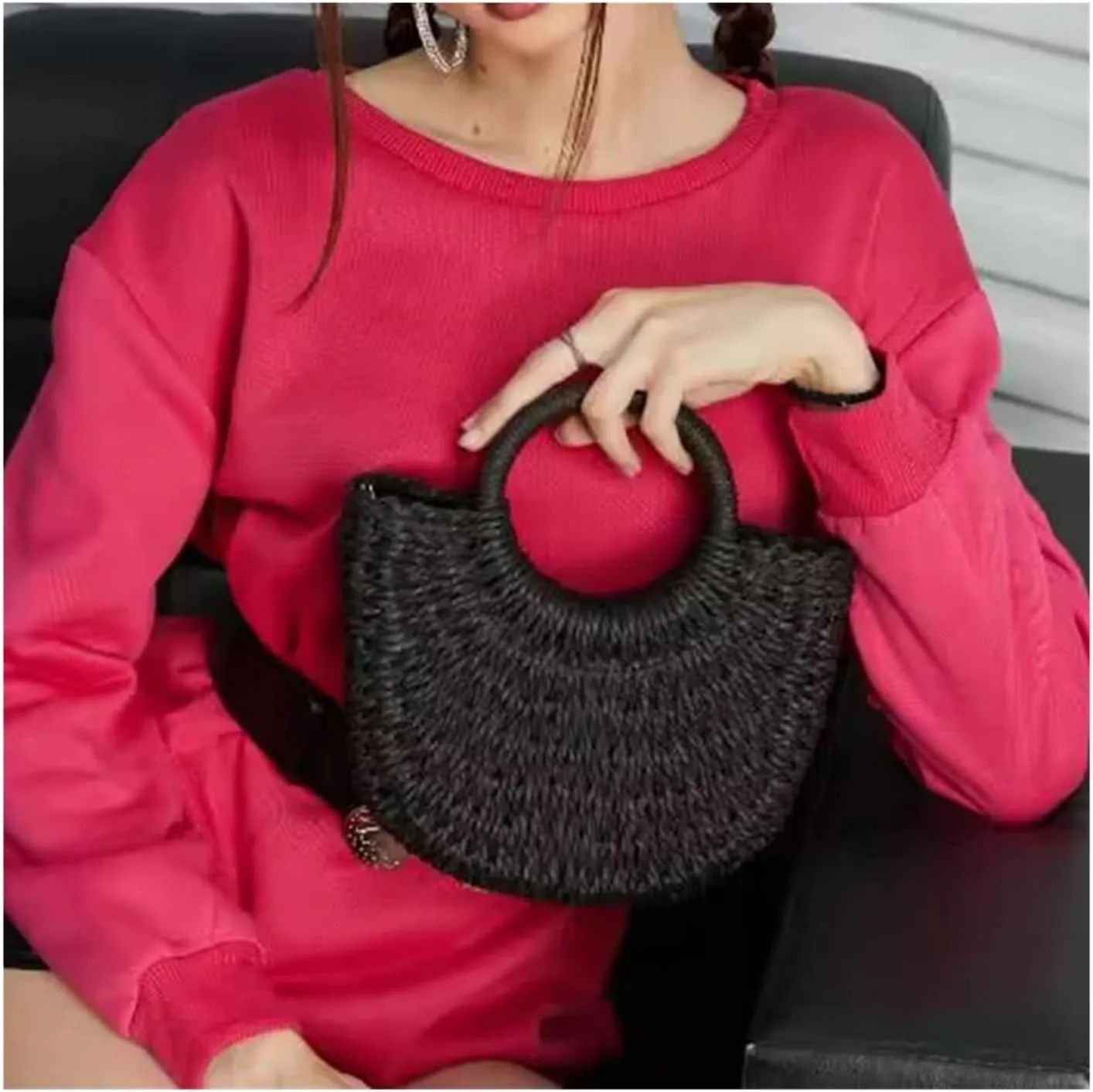 Half-Round Rattan Beach Bag Women Large Capacity Handle Bag Summer Beach Bags Travel Weave Handle Bag Shoulder Bag(Orange)