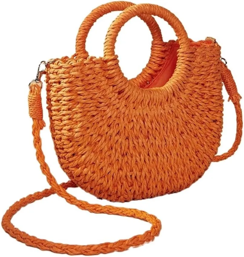 Half-Round Rattan Beach Bag Women Large Capacity Handle Bag Summer Beach Bags Travel Weave Handle Bag Shoulder Bag(Orange)