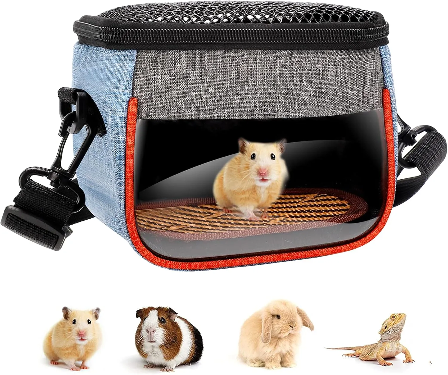 Hamster Carrier Bag - Cute Travel Sling for Small Animals, Rat，Gerbils, Sugar Glider, Gecko,Baby Hedgehog - Transport Pouch with Breathable Mesh Top, Back Pocket, Shoulder Straps (M Size)