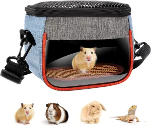 Hamster Carrier Bag - Cute Travel Sling for Small Animals, Rat，Gerbils, Sugar Glider, Gecko,Baby Hedgehog - Transport Pouch with Breathable Mesh Top, Back Pocket, Shoulder Straps (M Size)