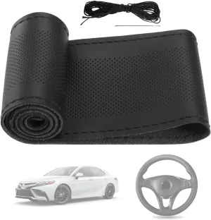 Hand-Sewn Leather Steering Wheel Cover Compatible with Toyota Camry 2025-2018 LE XLE Adventure Prime - Premium Suede & Microfiber Steering Wheel Wrap, DIY Stitch-On Kit w/Needle & Thread (15 Inch)​