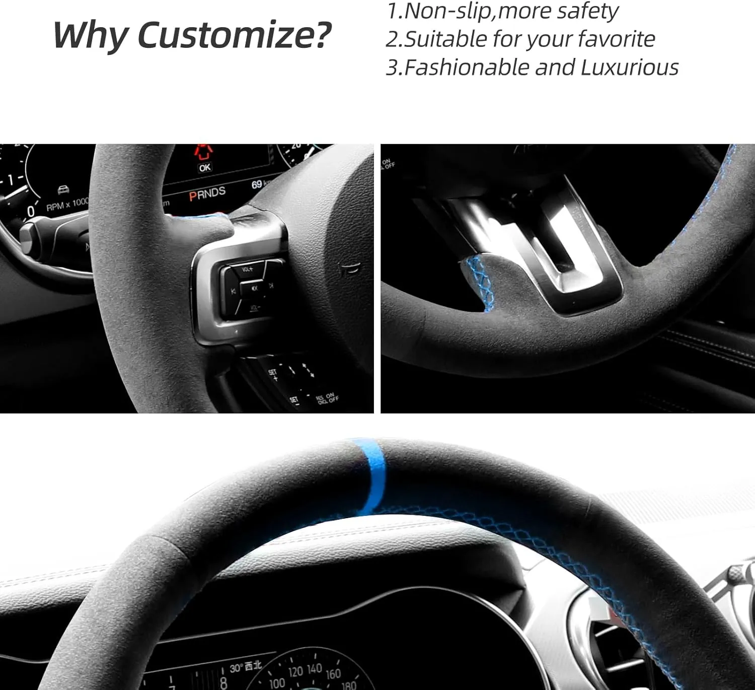 Hand Stitch for Alcantara Steering Wheel Cover Compatible with Ford Mustang Mustang GT Shelby GT350 GT500 2015-2021(Blue Stripe)