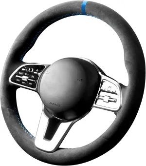 Hand Stitch Sewing Italy for Alcantara Car Steering Wheel Cover Wrap for Mercedes-Benz CLA/GLA/GLB/GLC/GLE/GLS (Blue Stripe)