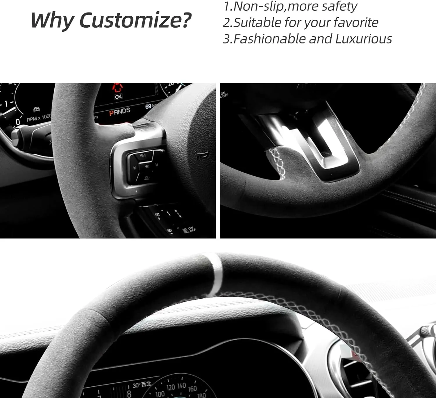 Hand Stitch Steering Wheel Cover Fits Alcantara Material for Ford Mustang Mustang GT Shelby GT350 GT500 2015-2021(White Stripe)