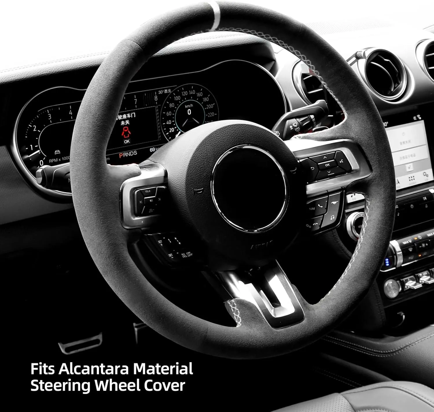 Hand Stitch Steering Wheel Cover Fits Alcantara Material for Ford Mustang Mustang GT Shelby GT350 GT500 2015-2021(White Stripe)