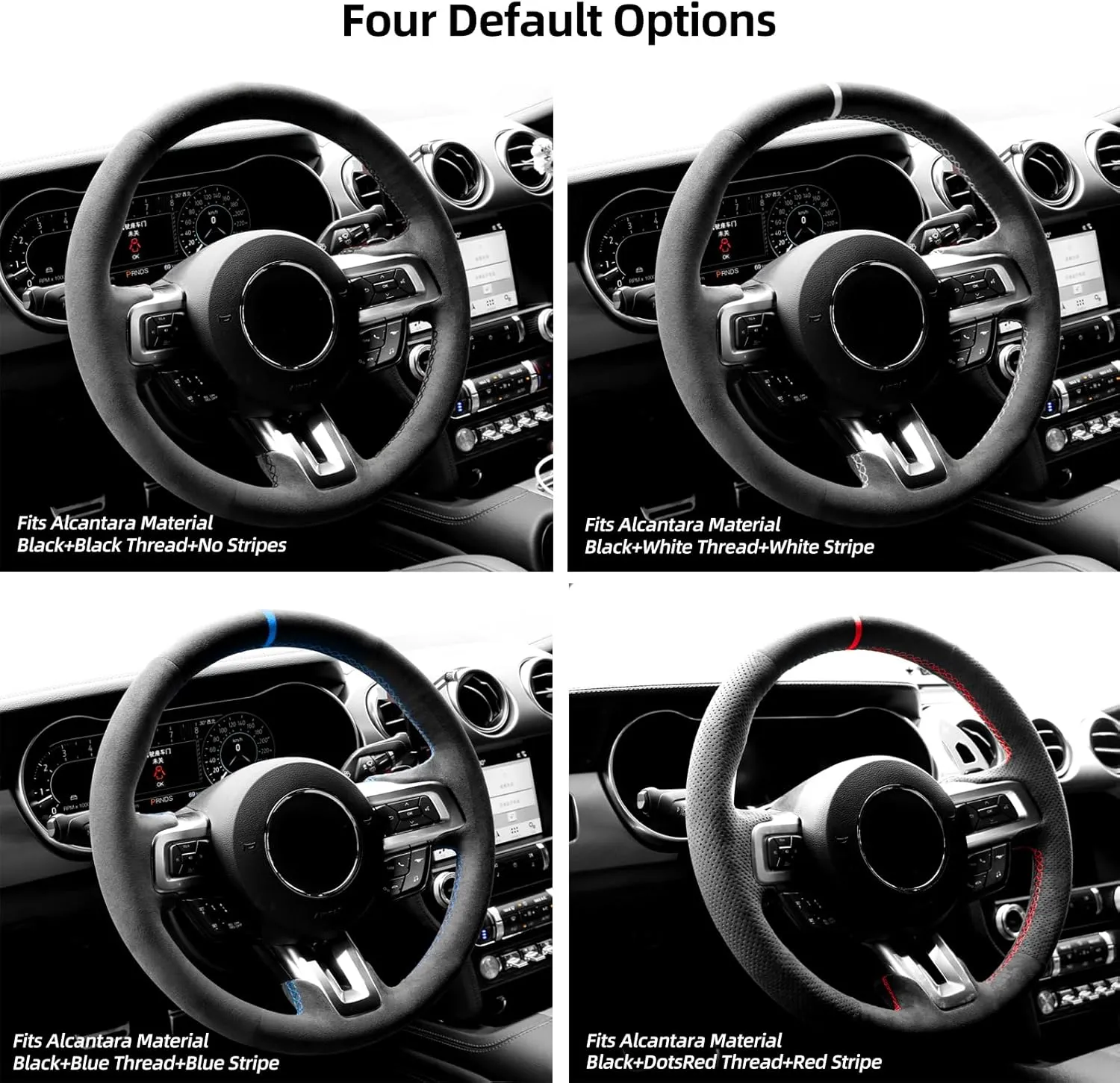 Hand Stitch Steering Wheel Cover Fits Alcantara Material for Ford Mustang Mustang GT Shelby GT350 GT500 2015-2021(White Stripe)