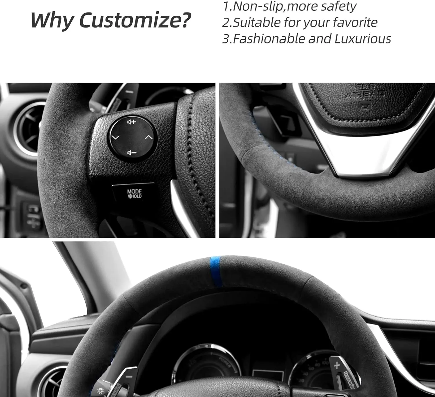 Hand Stitch Steering Wheel Cover Fits Alcantara Material for Toyota RAV4 Corolla AURIS ISIS(Blue Stripe)