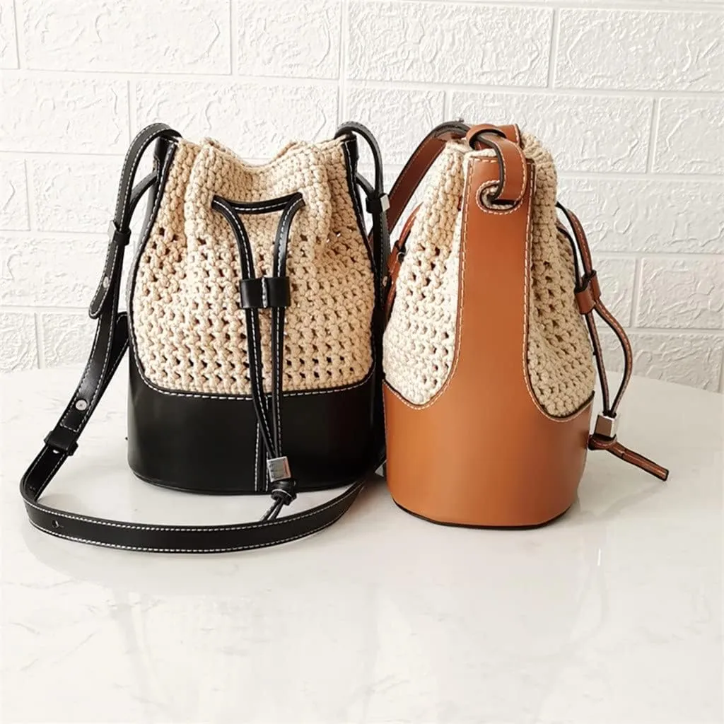 Handmade Handbag Shoulder Strap Hollow Drawstring Woven Bag Set Bucket Bag Leather with Bag Bottom Belt Bag for DIY Backpack(D)