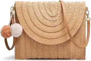 Handmade Woven Straw Crossbody Bag for Women - Summer Beach Clutch Purse with Shoulder Strap & Envelope Design