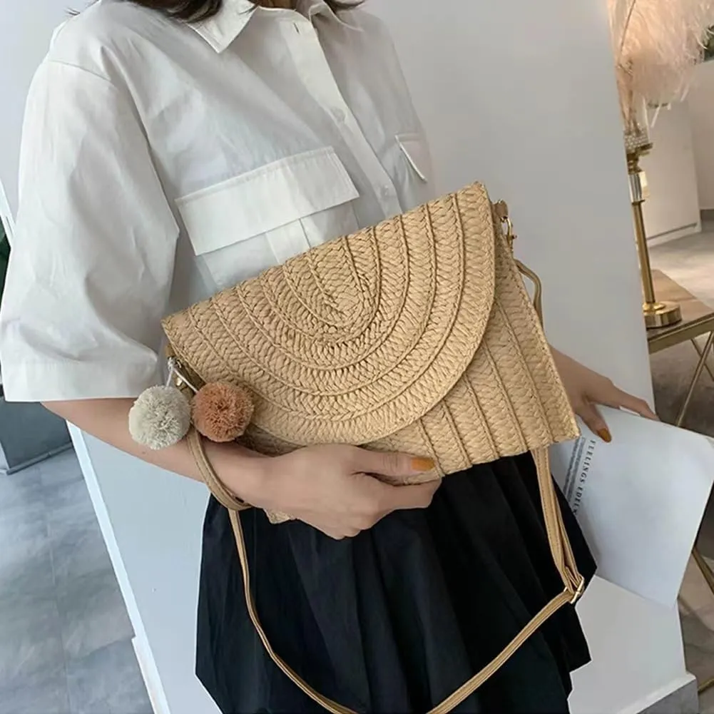 Handmade Woven Straw Crossbody Bag for Women - Summer Beach Clutch Purse with Shoulder Strap & Envelope Design