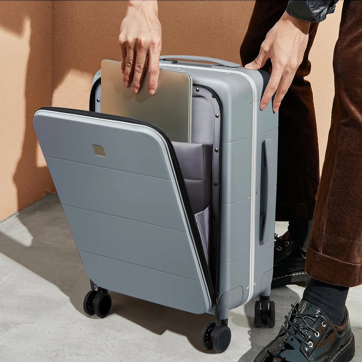 Hanke Luggage Hard Shell Suitcases 24 Inch Checked-Medium Luggage with Spinner Wheels TSA Approved Luggage Travel Suitcases Wide Handle for Men Women(Grey)
