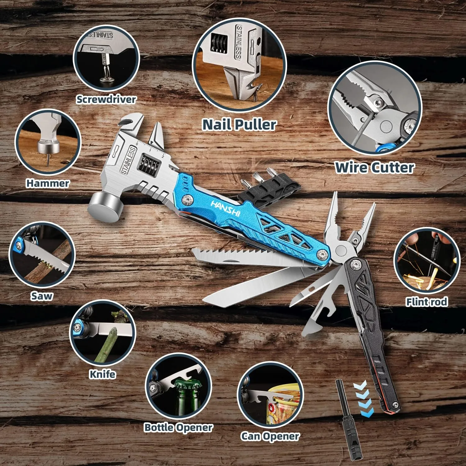 HANSHI Upgraded Adjustable Wrench Multitool Hammer with YG10 Tungsten Steel Replaceable Wire Cutters for Men,18 in 1 Pocket Multi Tool Knife with Spring-Action Pliers for Camping,Survival (Blue)