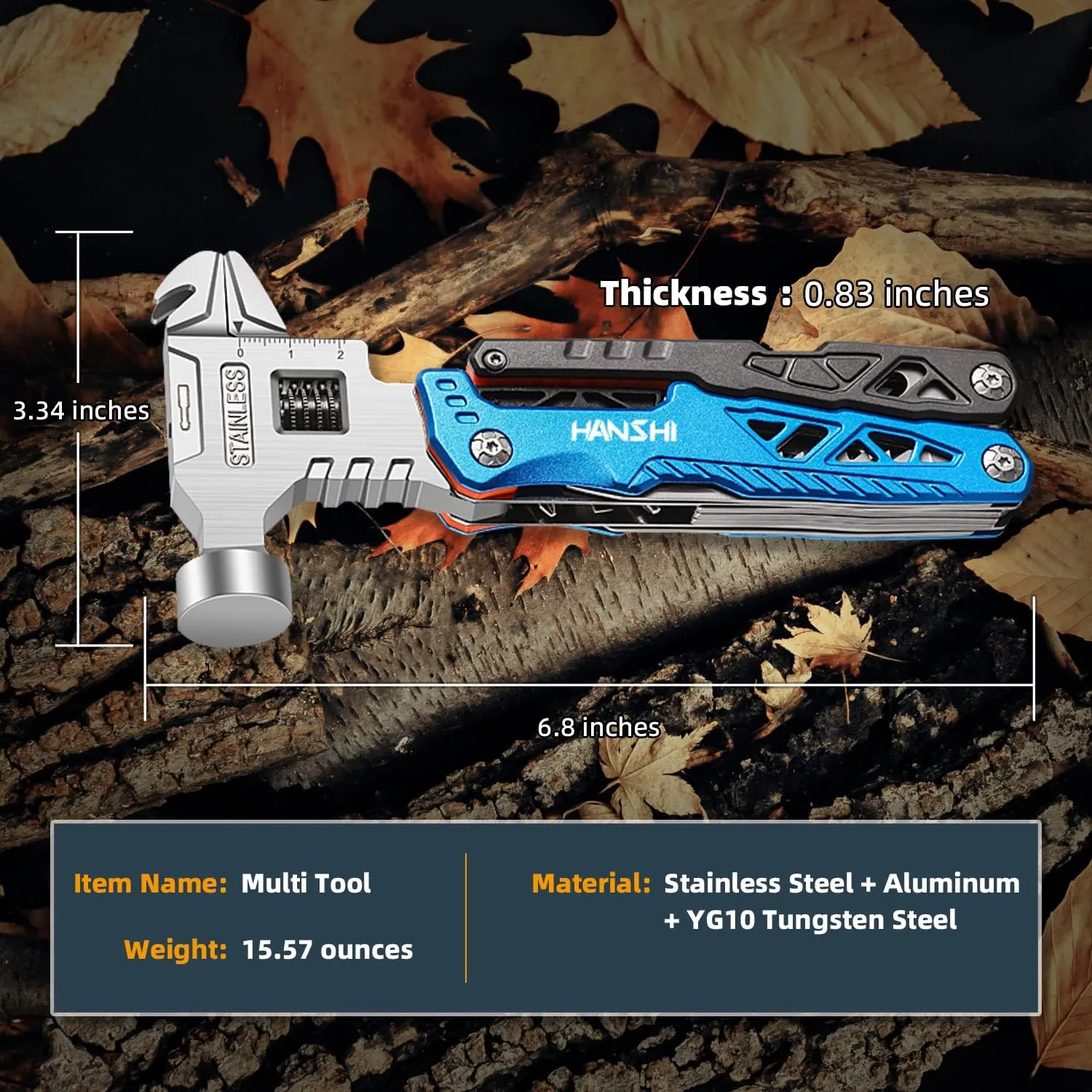 HANSHI Upgraded Adjustable Wrench Multitool Hammer with YG10 Tungsten Steel Replaceable Wire Cutters for Men,18 in 1 Pocket Multi Tool Knife with Spring-Action Pliers for Camping,Survival (Blue)