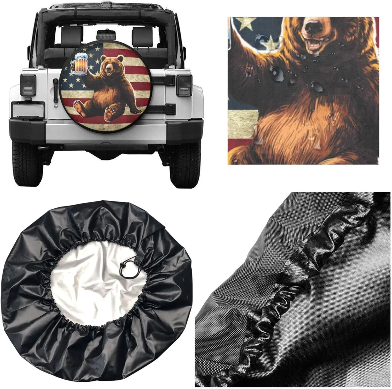 Happy Camper Bear Spare Tire Cover Wheel Protectors Waterproof Wheel Covers Universal Fit for RV SUV Truck Camper Travel Trailer Accessories 15 inch