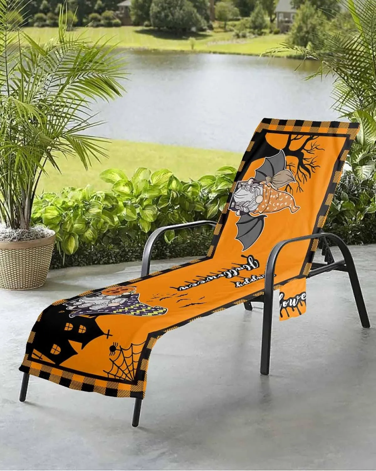 Happy Halloween Chaise Lounge Cover - Beach Chair Towel, Fall Pumpkin Gnomes Castle Black Orange Plaid Pool Lounger Chair Covers with Side Pocket, Towels Cover for Sunbathing Patio Hotel, 85 x 29 In