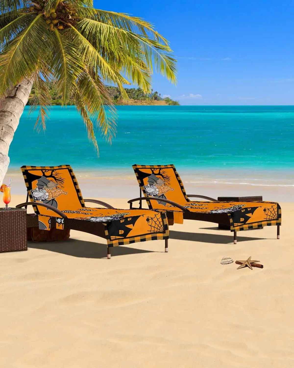 Happy Halloween Chaise Lounge Cover - Beach Chair Towel, Fall Pumpkin Gnomes Castle Black Orange Plaid Pool Lounger Chair Covers with Side Pocket, Towels Cover for Sunbathing Patio Hotel, 85 x 29 In