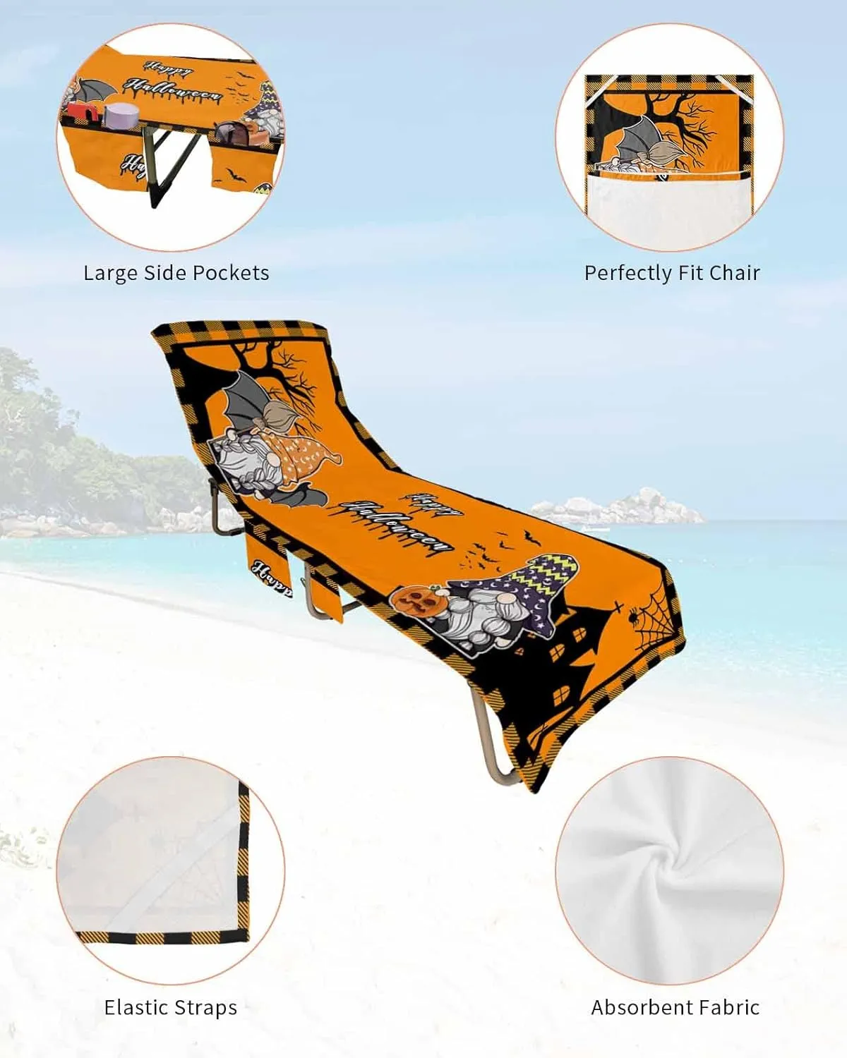 Happy Halloween Chaise Lounge Cover - Beach Chair Towel, Fall Pumpkin Gnomes Castle Black Orange Plaid Pool Lounger Chair Covers with Side Pocket, Towels Cover for Sunbathing Patio Hotel, 85 x 29 In