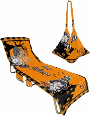 Happy Halloween Chaise Lounge Cover - Beach Chair Towel, Fall Pumpkin Gnomes Castle Black Orange Plaid Pool Lounger Chair Covers with Side Pocket, Towels Cover for Sunbathing Patio Hotel, 85 x 29 In
