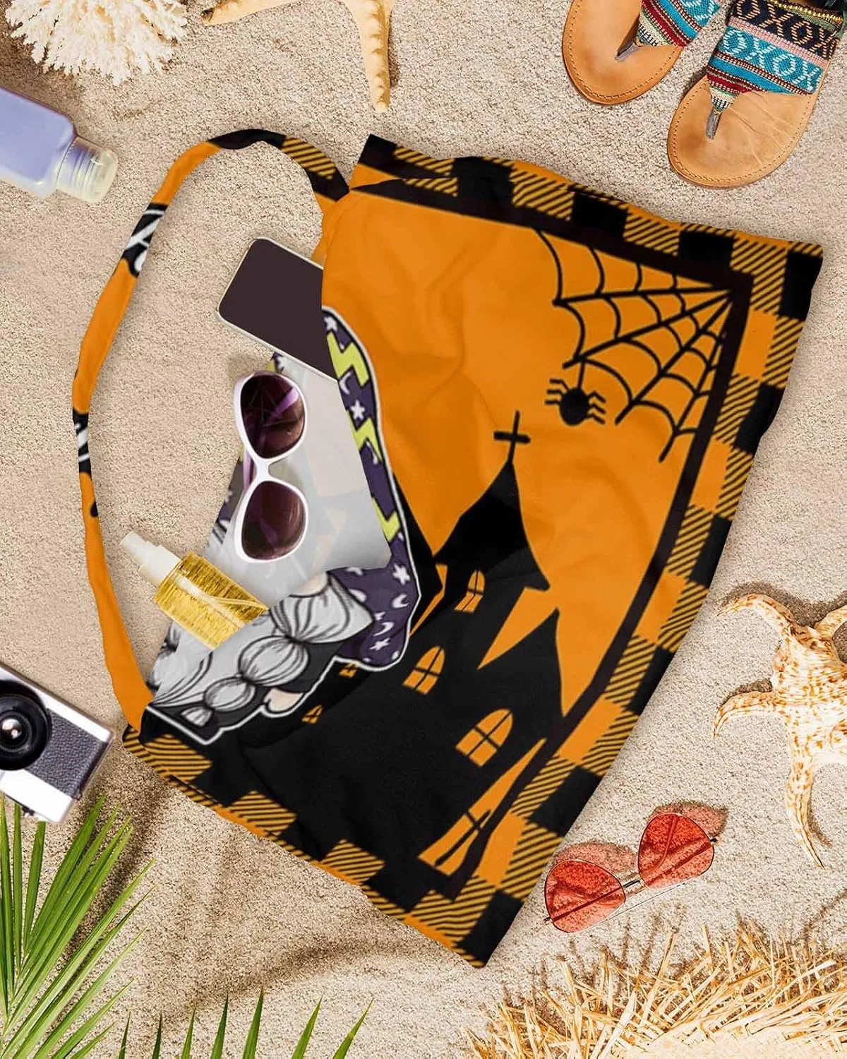 Happy Halloween Chaise Lounge Cover - Beach Chair Towel, Fall Pumpkin Gnomes Castle Black Orange Plaid Pool Lounger Chair Covers with Side Pocket, Towels Cover for Sunbathing Patio Hotel, 85 x 29 In