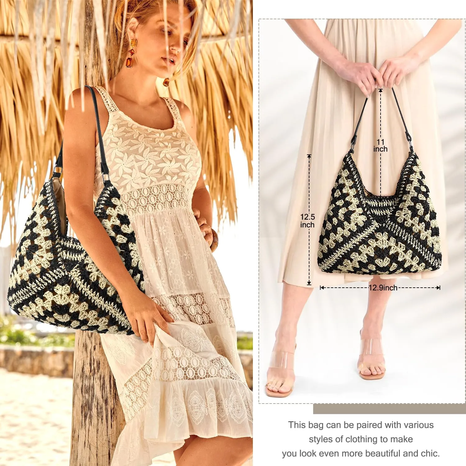 hatisan Straw Beach Bag for Women Summer Woven Beach Tote Bag Shoulder Handbags Boho Bag