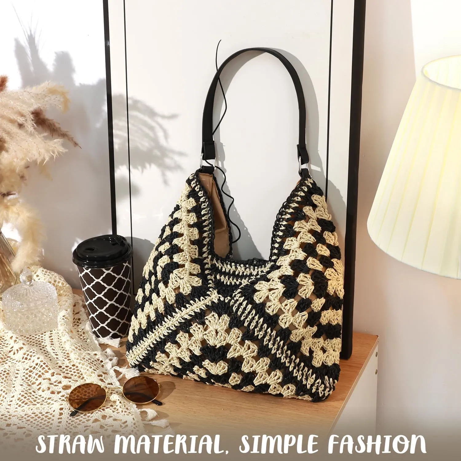 hatisan Straw Beach Bag for Women Summer Woven Beach Tote Bag Shoulder Handbags Boho Bag